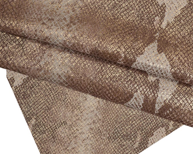 Brown white gold metallic PYTHON textured leather skin, snake printed soft goatskin, reptile pattern on bright hide B16774-MT(ST)