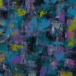 May include: Abstract painting with a dark background and layered brushstrokes in shades of blue, teal, purple, pink, yellow, and white. The artwork has a textured appearance.