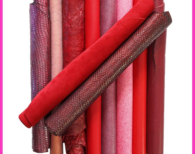 Mix LEATHER scraps - RED and PINK tones - fancy textures, foils and softness various, 10 or 15 italian leather pieces for crafts  B083