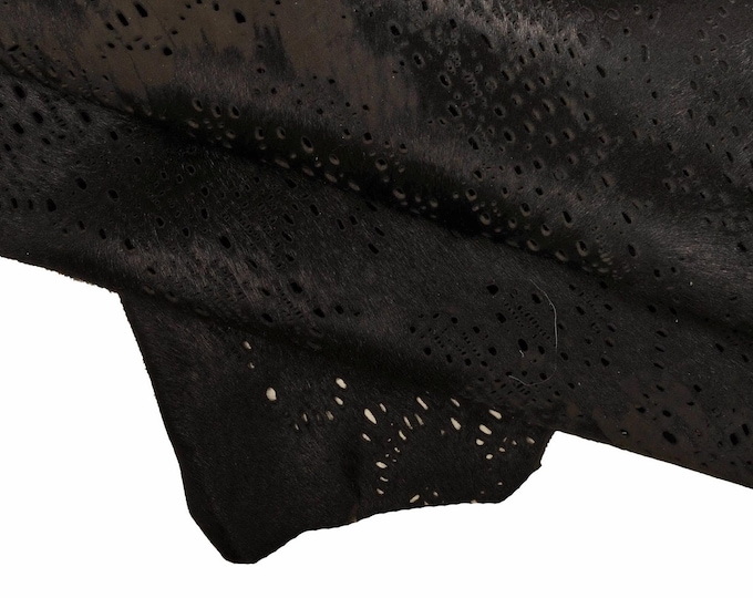 Black  PERFORATED hair on leather hide, acid effect on FLORAL printed pony calfskin, vintage distressed soft hairy cowhide  B15860-CV