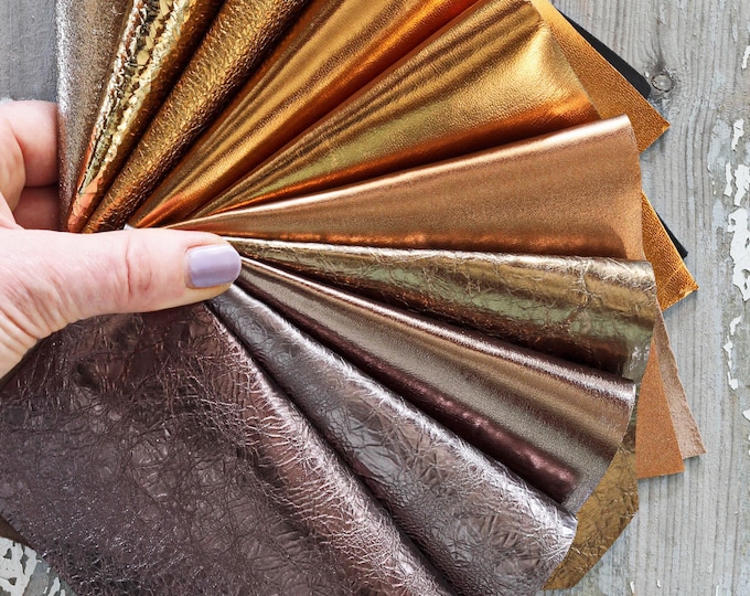 METALLIC BRONZE leather scraps offcuts pack – random 10 smooth & grained brown copper pieces B1532 La Garzarara