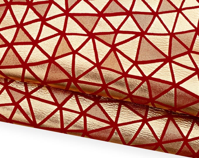 Red gold METALLIC geometrical leather hide, TRIANGLES print on glossy goatskin bright and soft leather skin B18776-MT(st)   La Garzarara