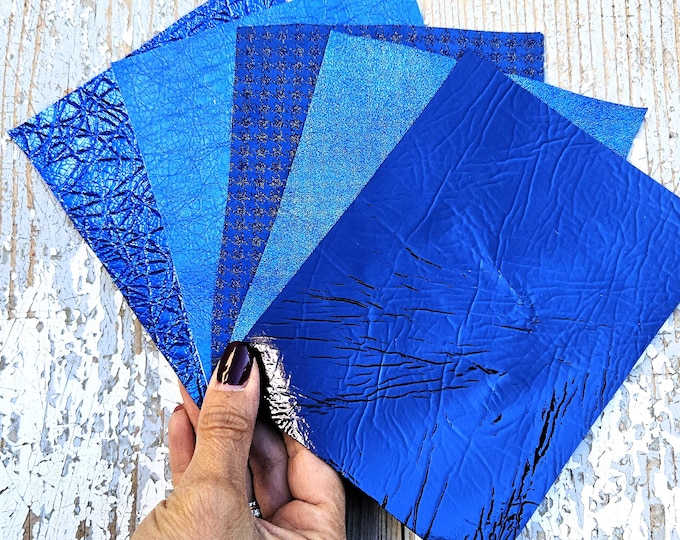 5 Selected leather scraps, BLUE tones, printed and metalic printed,mix selection leather pieces as per pictures RT253  La Garzarara