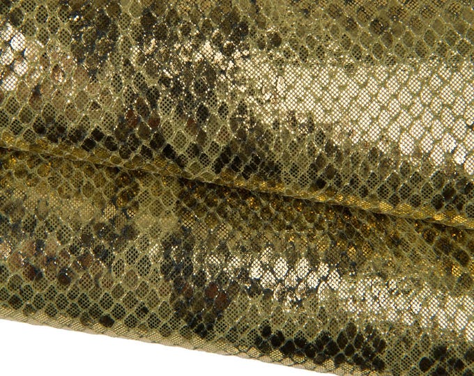 Olive green REPTILE printed leather hide, snake python texturedMETALLIC  calfskin, cowhide for hobbyists B17969-MT(st) La Garzarara