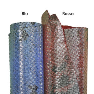 May include: Two rolls of fabric, one blue and one red, with a snakeskin pattern. The blue roll is labeled "Blu" and the red roll is labeled "Rosso". The fabric has a metallic sheen.