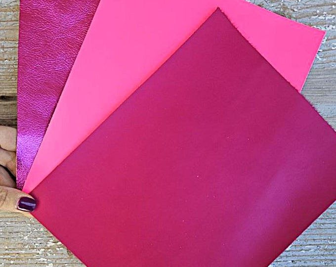 3 Selected leather scraps, solid color, pink, mix selection leather pieces as per pictures, very soft 8x10" / 20x25 cm RT323  La Garzarara