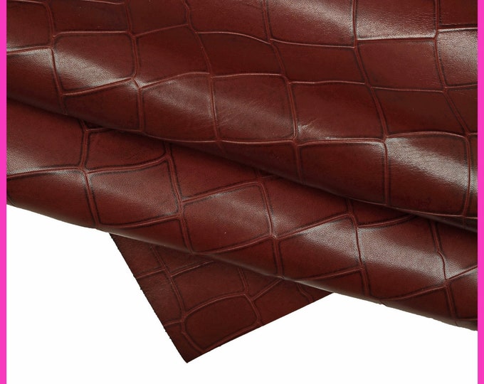 BURGUNDY crocodile embossed leather hide, glossy animal print calfskin, croc printed stiff cowhide B15442-ST La Garzarara