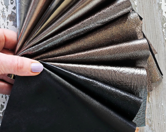 10 Steel, Grey and Black metallic leather scraps, smooth,SOLID tone, grain, thicknesses various, random assortment   B1538  La Garzarara