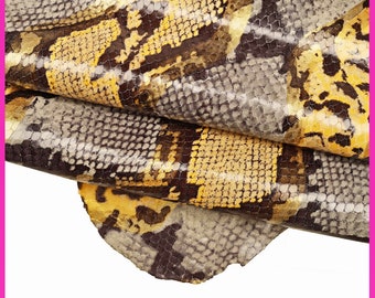 SNAKE textured leather hide, grey yellow glossy reptile pattern on cowhide, python printed soft calfskin B16296-ST La Garzarara