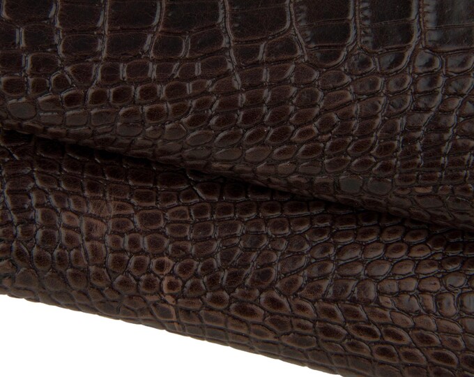 Dark brown CROCODILE embossed leather hide, animal printed cowhide, glossy calfskin for diy projects B17469-ST La Garzarara