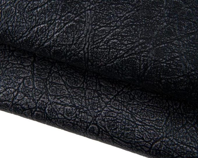 Black steel metal leather skin, ELEPHANT print on soft goatskin, glossy sparkle hide for diy projects B17391-MT(ST) La Garzarara