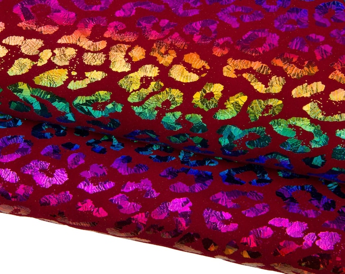 HOLOGRAPHIC LEOPARD textured suede goatskin, multicolor cheetah print on burgundy leather skin, soft material B18428-MT(st) La Garzarara