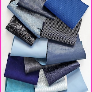 Sacchetto di ritagli di pelle miste, color BLU, stampe, fantasie e morbidezze varie   0,300 kg    B1310-RC   La Garzarara
