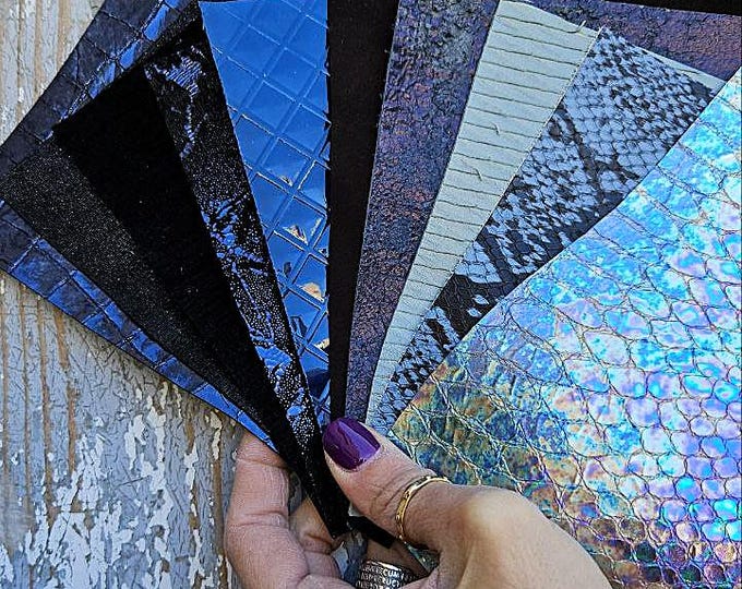 10 Selected leather scraps, BLUE tones, printed and metalic printed,mix selection leather pieces as per pictures RT273  La Garzarara