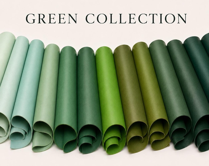 Green leather collection, genuine leather hides, smooth and pebbled, calfskin, lambskin and goatskin, textures for bags and DIY