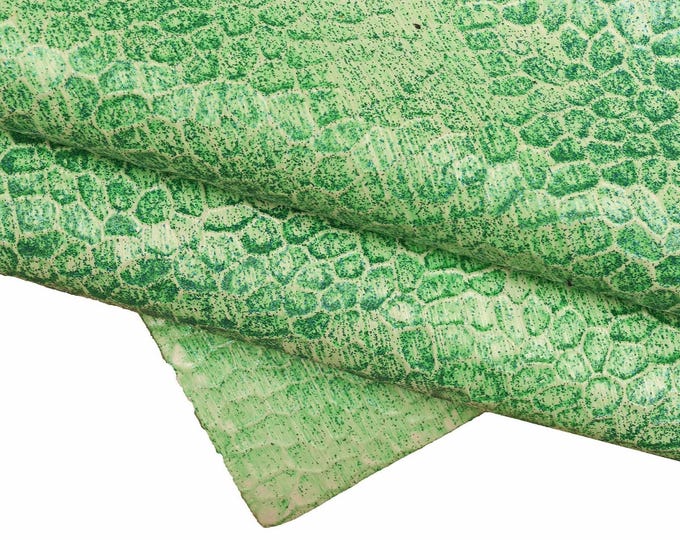 Sparkling Green Glitter Leather - Embossed Croc Cowhide for Crafting  B15427-DM La Garzarara