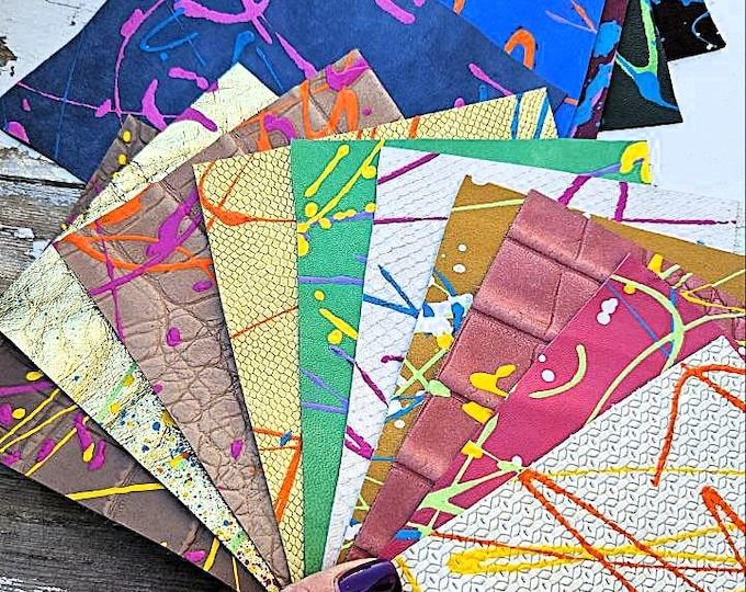 10 Multicolor Leather scraps, pollock painted offcuts, random selection, selected from the colors of the photos  6x5" / 15x12 cm RT281