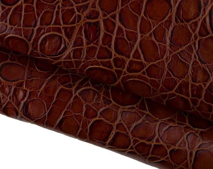 Brown ALLIGATOR pattern on leather hide, glossy soft crocodile printed cowhide, calfskin for crafting creations B17340-ST La Garzarara