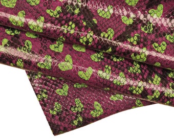 Purple Heart Python Print Leather Hide, Metallic Fuchsia & Lime Green Snake Pattern Calfskin | Fun Fashion LeatherB16348-ST La Garzarara