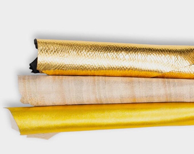 Pack of 3 gold METALLIC leather skins, smooth or printed SPARKLE goatskins, soft materials for crafters B19511-MT(st) La Garzarara