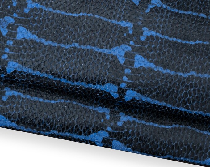 Blue - black PYTHON textured leather hide, soft semi glossy REPTILE printed cowhide, top quality snake calfskin B18694-ST La Garzarara