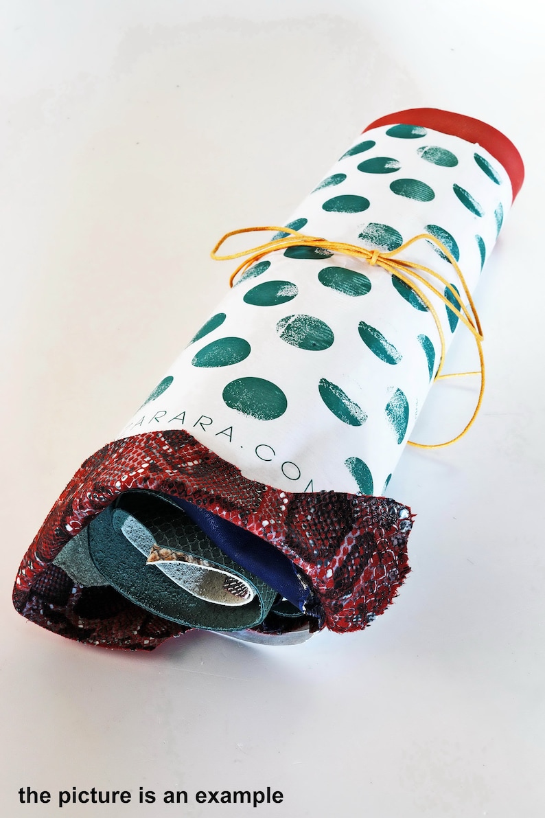 Peut inclure: Un &eacute;tui en tissu roul&eacute;, avec un fond blanc et des pois verts. Il est nou&eacute; avec une ficelle jaune. L'extr&eacute;mit&eacute; est rouge et pr&eacute;sente un motif peau de serpent. Le texte "ARARA.COM" est visible.