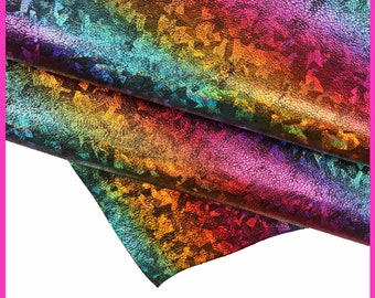 Pelle laminata IRIDESCENTE multicolor, pellame stampa arcobaleno metallizzata,vitello oleografico morbido,1.3-1.6mm B16274-MT(st)LaGarzarara
