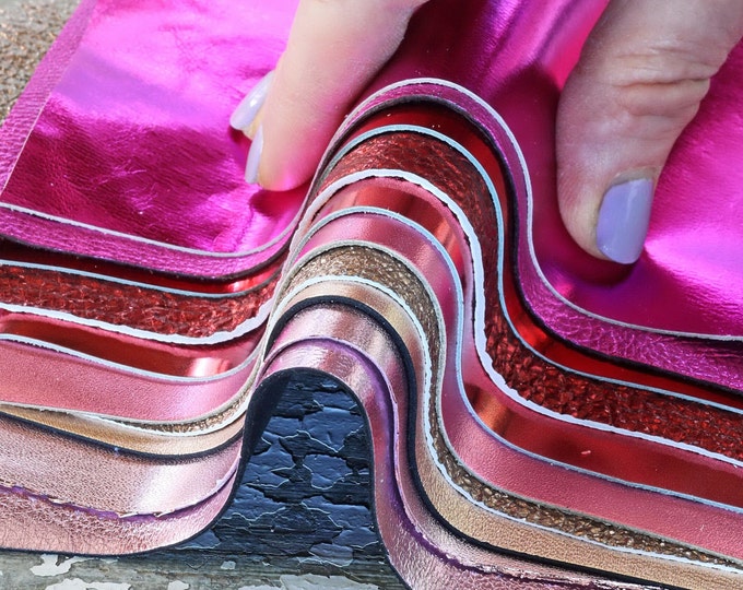 RED PINK metallic leather scraps, smooth,SOLID tone, grain, thicknesses, softness various, random assortment  0,7 lbs / 300 gr    B1515