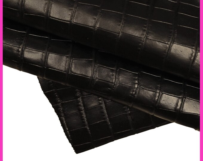 Black crocodile PRINTED cowhide, animal print embossed leather hide, glossy stiff calfskin B15453-TB La Garzarara