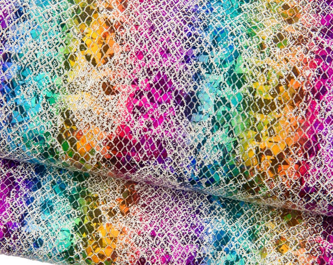 IRIDESCENT python textured leather skin, multicolor striped metallic snake printed goatskin, RAINBOW bright soft hide B19072-MT(st)