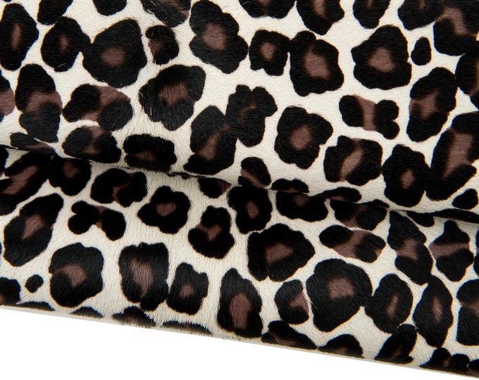 LEOPARD printed hair on leather hide, brown - black cheetah texture on cream PONY calfskin, cowhide for crafting  B18573-CV La Garzarara