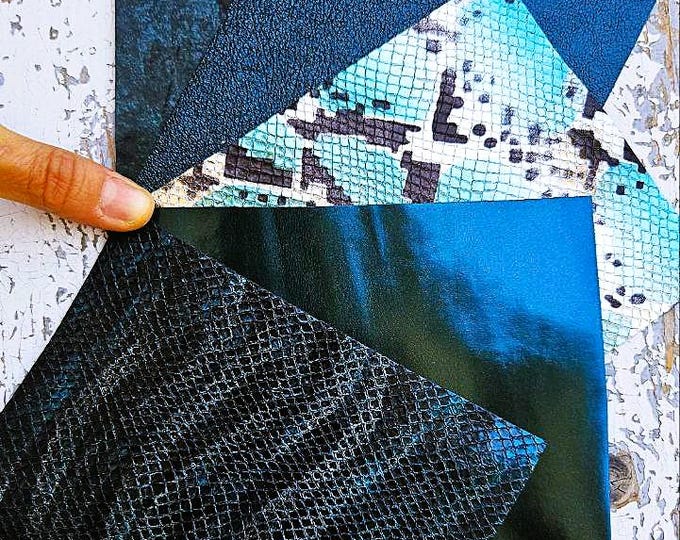 5 Selected leather scraps, PETROLIUM tones, printed and metalic printed, mix selection leather pieces as per pictures RT336  La Garzarara