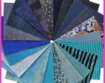 Stock of 12 MIXED PIECES light blue and blue, pre cut leather hide, printed, metallic random selection, 5x6" / 15x12cm  B14453-PZ