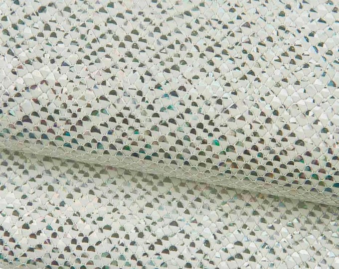 Silver HOLOGRPHIC reptile leather hide, IRIDESCENT metallic snake printed calfskin, bright embossed cowhide for diy creations B19058-MT(st)