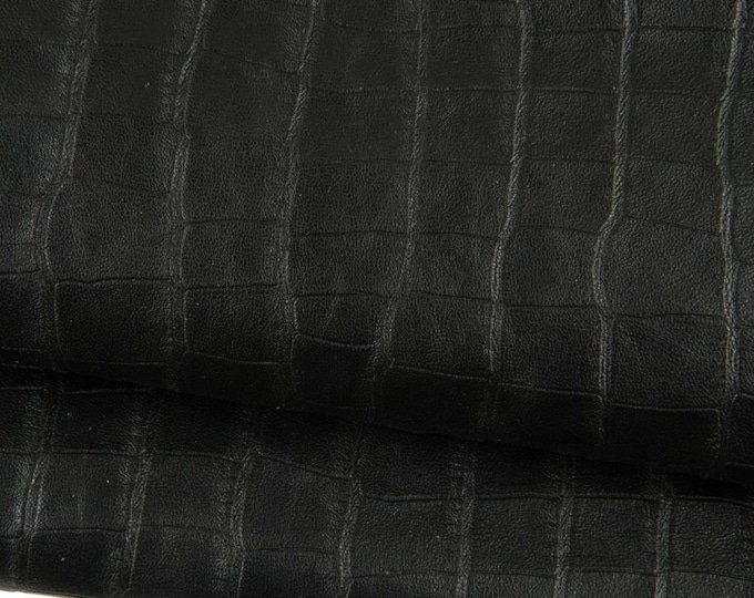 Black CROCODILE embossed leather skin, semi glossy ALLIGATOR printed goatskin, soft hide for crafting B19076-TB