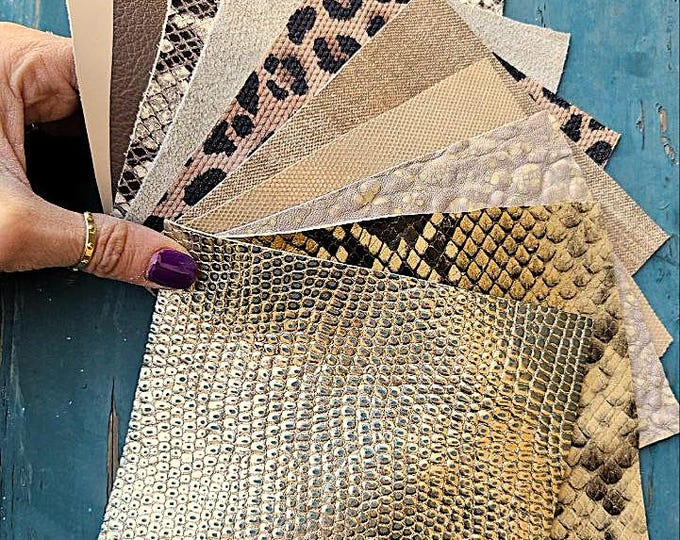 10 Selected leather scraps, BROWN and BEIGE tones, printed and metalic printed,mix selection leather pieces as per pictures RT269