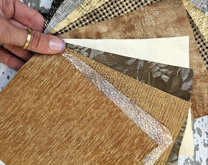 10 Piece Leather Swatch Set - Gold & Bronze Shades - Mixed Textures - Crafting Supplies - RT213 La Garzarara