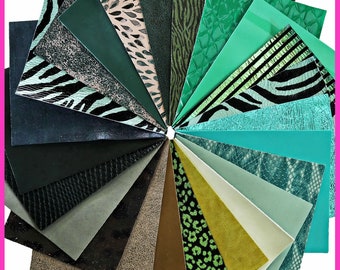 Stock of 12 MIXED PIECES green, pre cut leather hide, printed, metallic random selection, 5 x 6 inches B14454-PZ La Garzarara