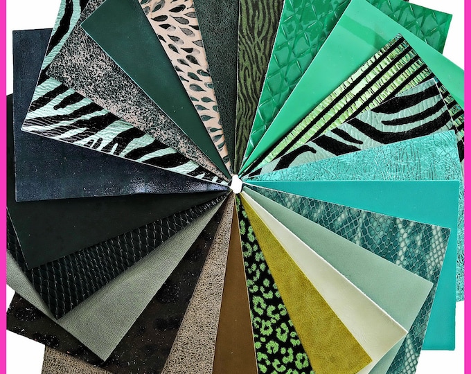 Stock of 12 MIXED PIECES green, pre cut leather hide, printed, metallic random selection, 5 x 6 inches B14454-PZ La Garzarara
