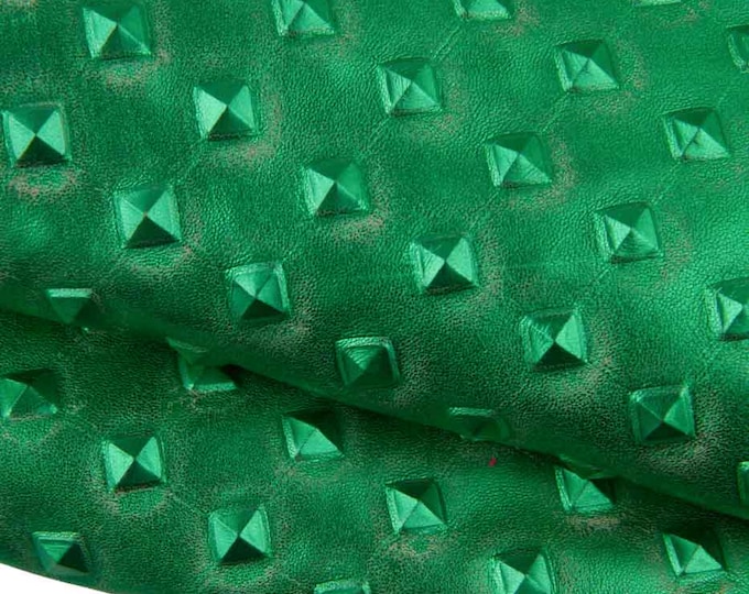 Green EMBOSSED leather skin, RELIEF printed goatskin, soft metallic vintage distressed hide, 0.7 - 0.9 mm B19387-MT(st) La Garzarara