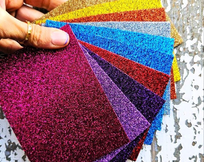 10 Leather scraps, MULTICOLOR GLITTER sparkles tones, RANDOM selection ofleather remnants  6x5" / 15x12 cm and 5x4" / 9x12 cm   RT200