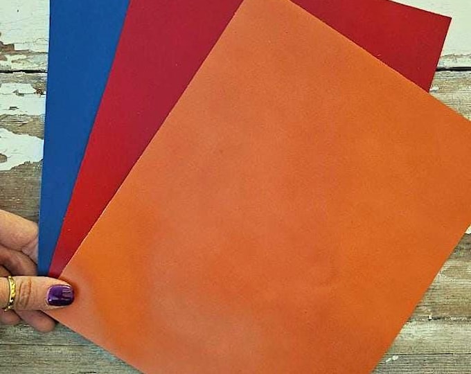 Blue red tan COW LEATHER panels – 3 10×8 inch A5 sheets scrap offcuts cowhide pieces swatches for craft sewing RT285 La Garzarara