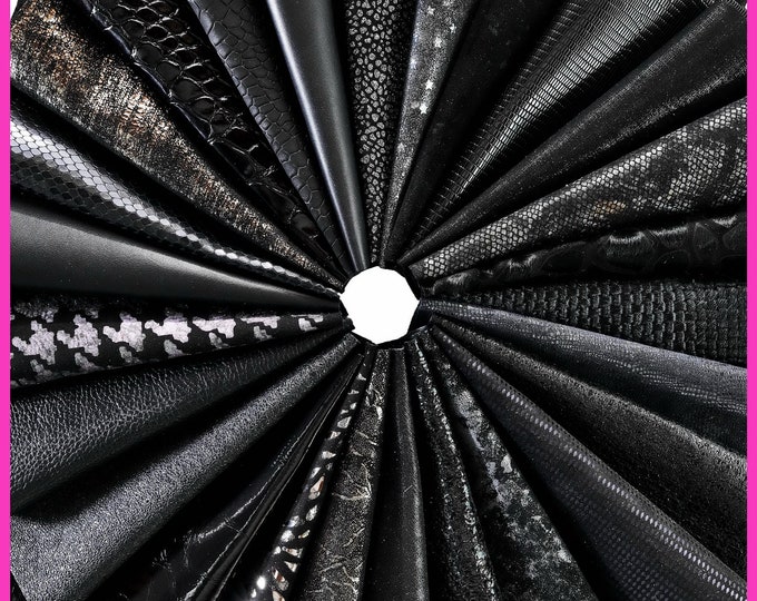 Leather SHEET BLACK, pre cut leather pieces random selection, mix metallic, printed cut off B14388-PZ La Garzarara