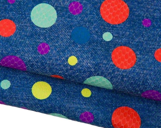Multicolor polka DOTS textured leather skin, colorful circles print on blu JEANS base goatskin hide for crafting B18250-DM LaGarzarara