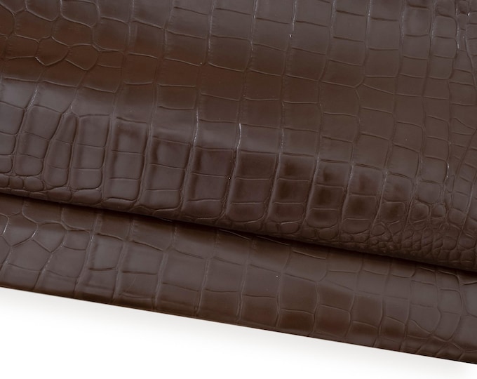 Brown CROCODILE embossed leather hide, matt croc printed calfskin, semi-stiff cowhide for diy projects B18675-ST La Garzarara