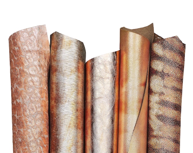 Leathers for crafting, metallic copper GOLD leather assortment bundle, matching hides laminated mirror skin  B18362-MT(ST)