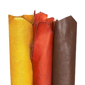 Boundle of 3 SPORTY leather skins, yellow orange brown soft goatskins, solid color hides as per pictures B17284-VT  La Garzarara