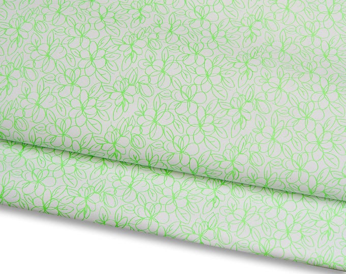 FLUO green floral textured leather hide, neon green FLOWER print on white smooth cowhide, sporty soft calfskin B17275-ST   La Garzarara