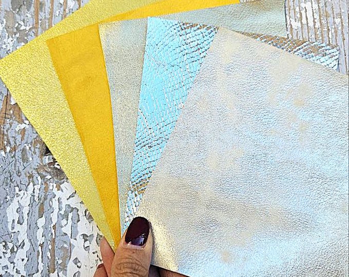 5 Selected leather scraps, YELLOW and GOLD tones, printed and metalic printed,mix selection leather pieces as per pictures RT243