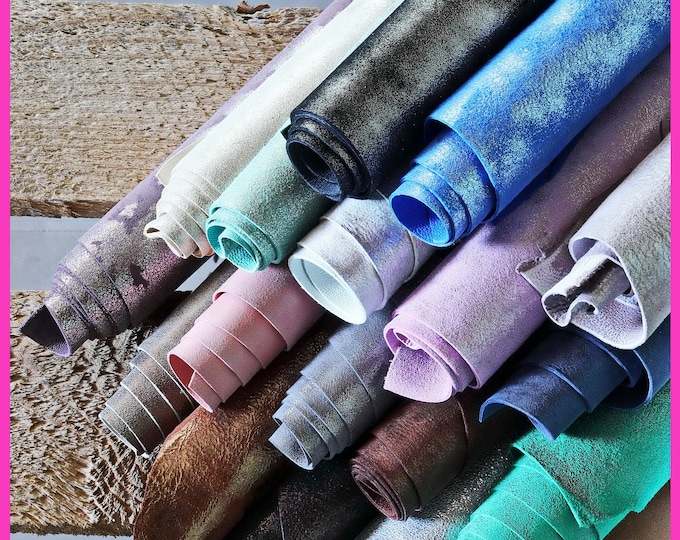 Leather scraps , SUEDE foil effect, metallic suede leather pcs, colors various, random assortment, italian leather pieces 1lbs- 2 lbs B103/B